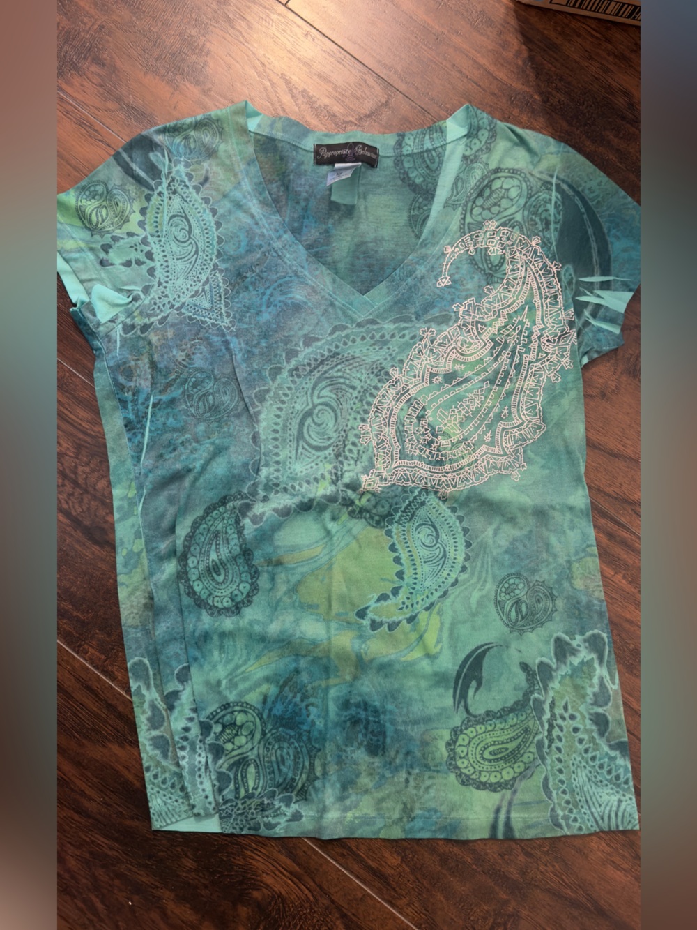 Dressed Up Classics Teal Paisley V-Neck Short Sleeve Tee